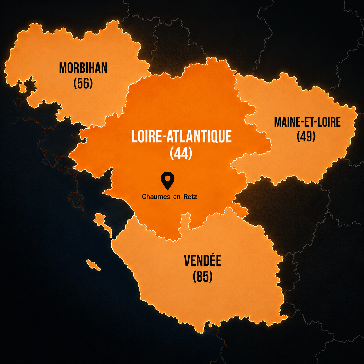 Carte de la zone d’intervention Chape 44 : Loire-Atlantique, Vendée, Morbihan et Maine-et-Loire limitrophes